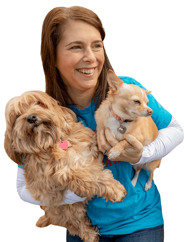 Vera's Posh Paws dog daycare owner Vera holding two dogs.