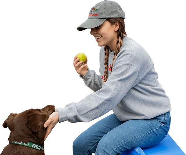 Female employee holds up ball for happy dog at one of Vera's Posh Paws convenient locations in Oklahoma City and Moore.