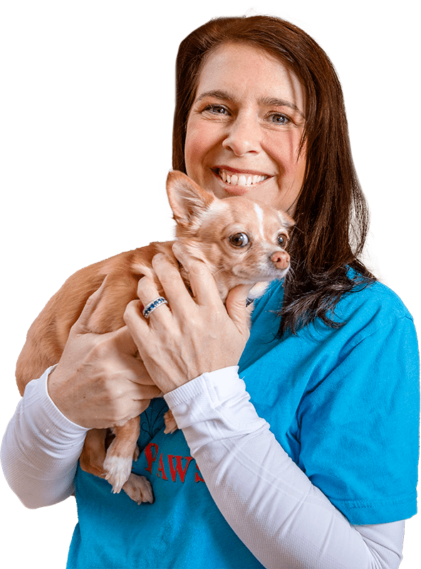 Vera, owner of Vera's Posh Paws Dog Daycare, holding a small chihuahua and smiling.